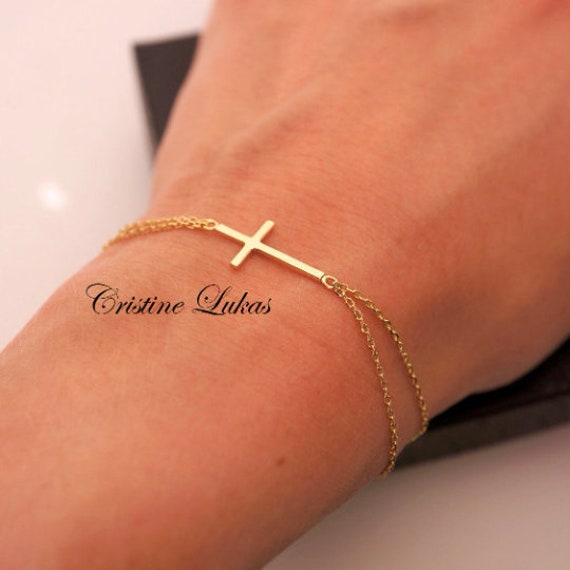 10K, 14K, 18K Massivgold Promi Style Sideways Cross Armband Oder Fußkettchen - Gelb, Weiß Rose, Kinder- Erwachsenengrößen, Robustes Armband von CristineLukas