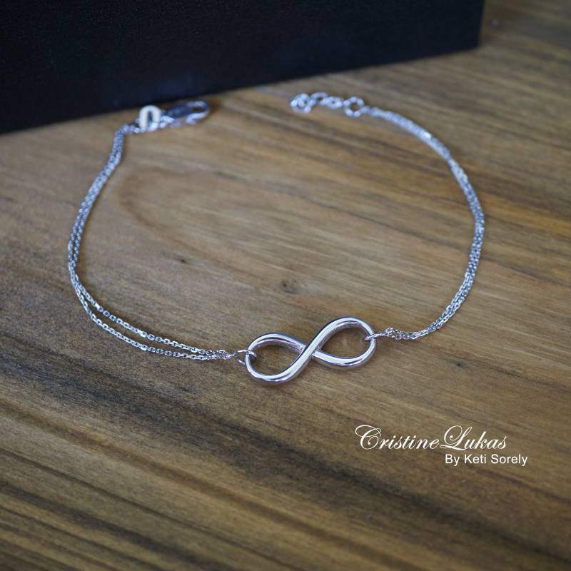 10K, 14K Oder 18K Massives Gold Seitlich Kleines Infinity Charm Armband Fußkettchen in Weiß, Gelb Roségold, Doppelkette von CristineLukas