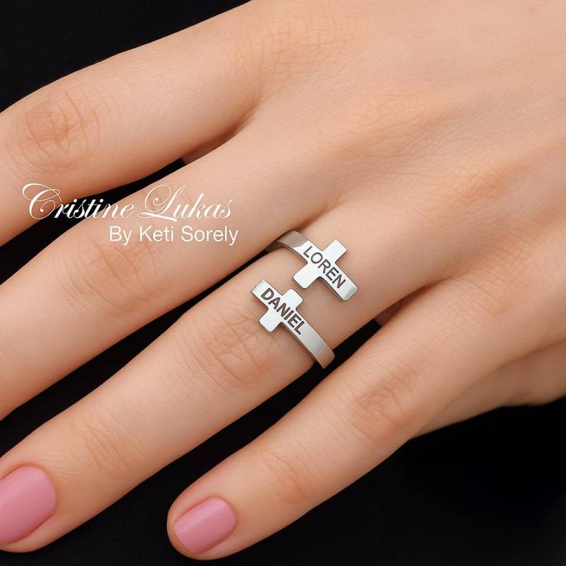 Kreuz Ring Mit Gravur, Doppelring Gravur in Sterling Silber, 10K, 14K Oder 18K Gold von CristineLukas