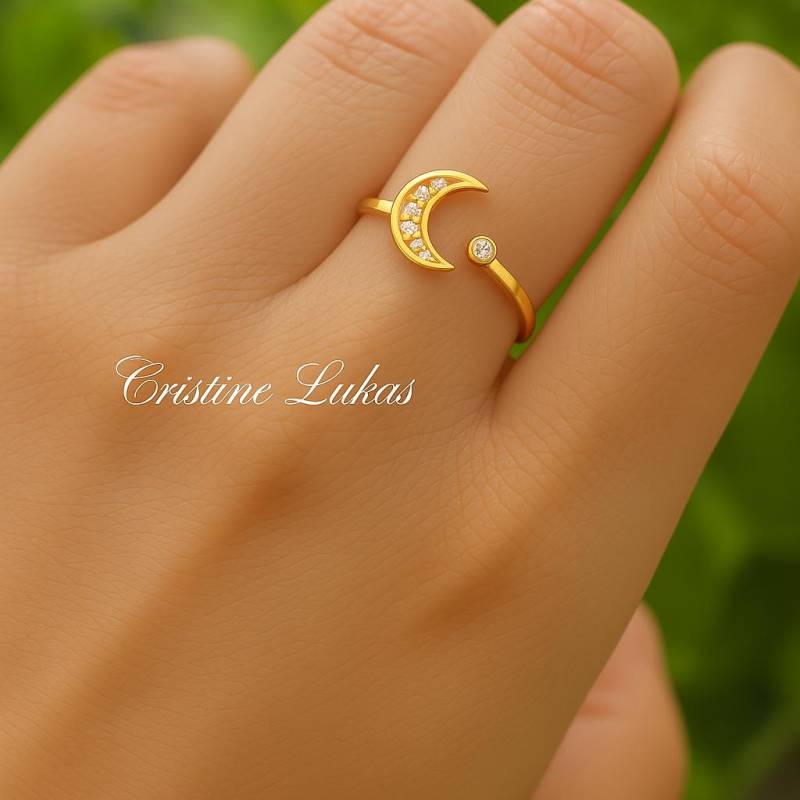 Mond & Stern Ring Mit Zirkonia Steinen Aus Sterling Silber, Rose Gold + Gelbgold, Verstellbarer Wickelring, Liebe Dich Zum Und Zurück von CristineLukas