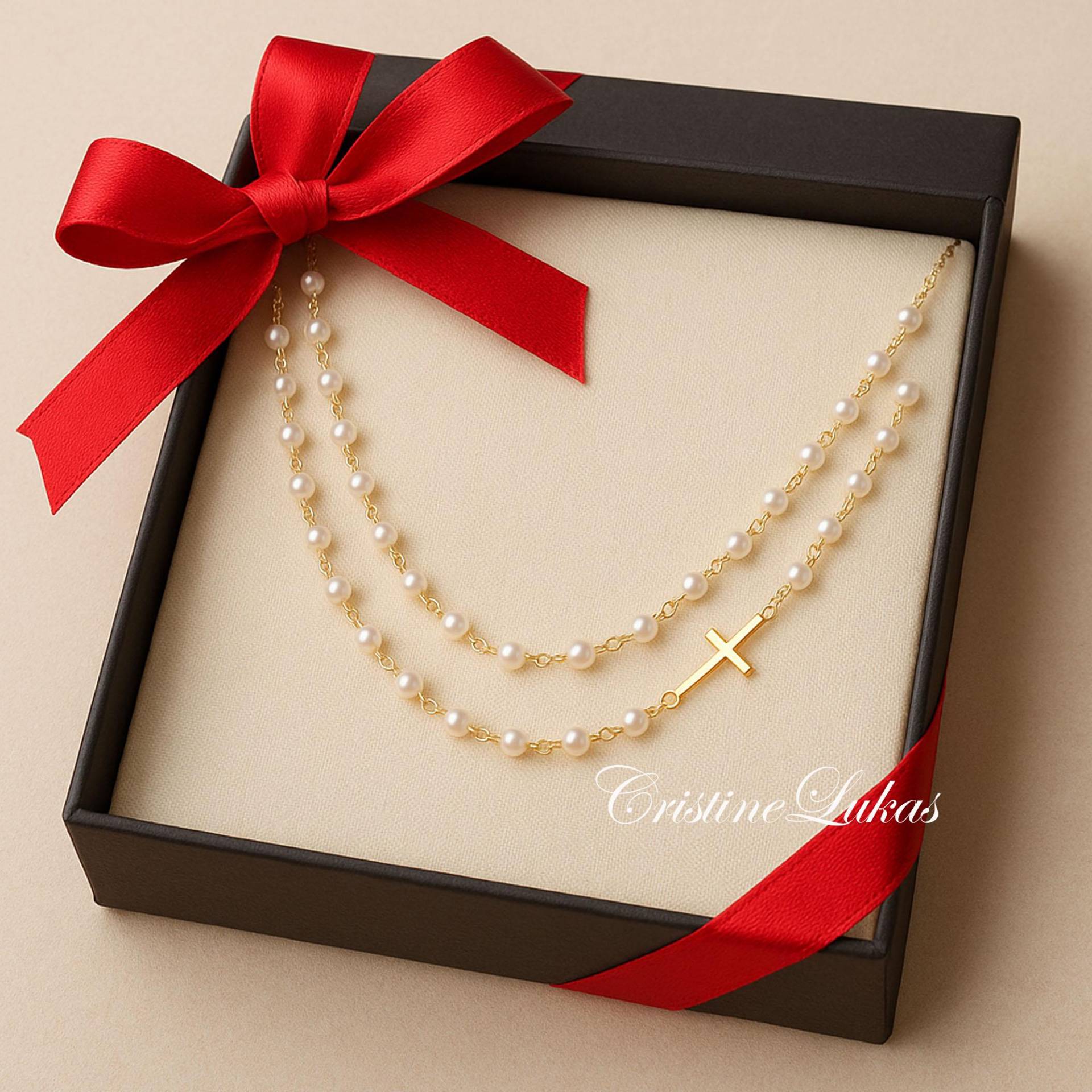 Natürliche Perlenkette Mit Seitlichem Kreuz - Doppelte Aus Sterlingsilber, Weiß Oder Roségold von CristineLukas