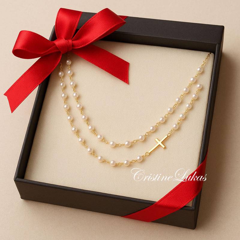 Natürliche Perlenkette Mit Seitlichem Kreuz - Doppelte Aus Sterlingsilber, Weiß Oder Roségold von CristineLukas