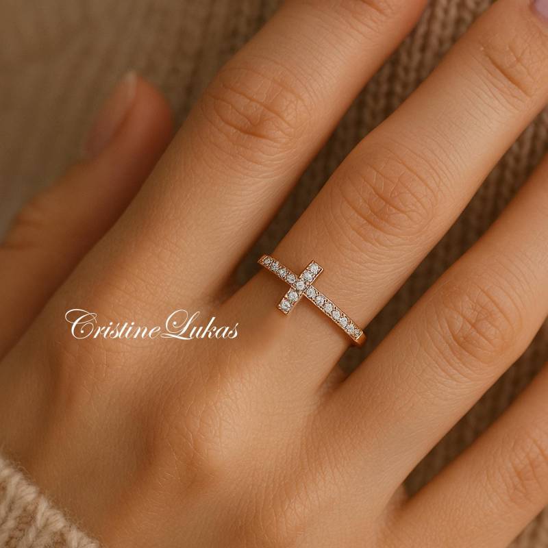 Personalisierter Geburtsstein Seitlich Kreuz Ring Mit Ihrem Birthstone in Sterling Silber Gelb Oder Rose Gold Für Mädchen Frauen von CristineLukas