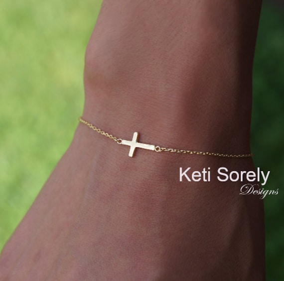 Seitlich Kreuz Armband Oder Fußkettchen Aus Massivgold - 10K, 14K 18K in Gelb, Rose Weißgold Farbe Cross Anklet von CristineLukas