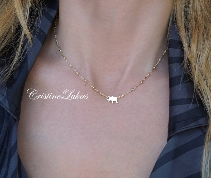 Verkauf Winzige Elefant-Halskette Mit Perlenbesetzter Satelliten-Kette, Gelbgold Über Sterlingsilber, Lucky Elephant-Halskette Für Kinder Oder von CristineLukas
