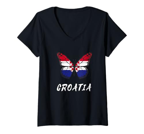 Damen Kroatien Flagge Schmetterling Hrvatska Stolz Kroatische Stolz Wurzeln T-Shirt mit V-Ausschnitt Damen Kroatien Flagge Schmetterling Hrvatska Stolz Kroatische Stolz Wurzeln T-Shirt mit V-Ausschnitt von Croatia Flag Croatian Roots Hrvatska