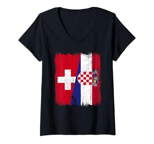 Damen Schweiz Kroatien Halbflagge Stolz Schweiz Kroatische Wurzeln T-Shirt mit V-Ausschnitt von Croatia Flag Designs Proud Croatian Roots