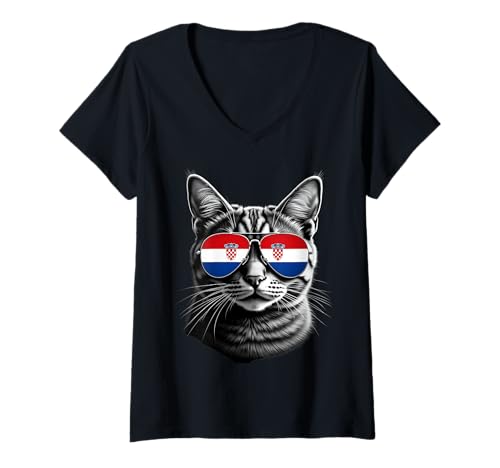 Damen Kroatien Flagge Katze Gesicht Sonnenbrille Kroatische Flagge T-Shirt mit V-Ausschnitt Damen Kroatien Flagge Katze Gesicht Sonnenbrille Kroatische Flagge T-Shirt mit V-Ausschnitt von Croatian Flag Designs
