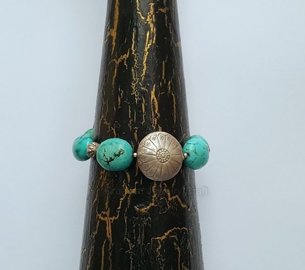 Chunky Türkis Armband, Sterling Silber Armband W Handgemachte Blume Element, Edelstein Natürliche Statement von CroatianJewelryCraft