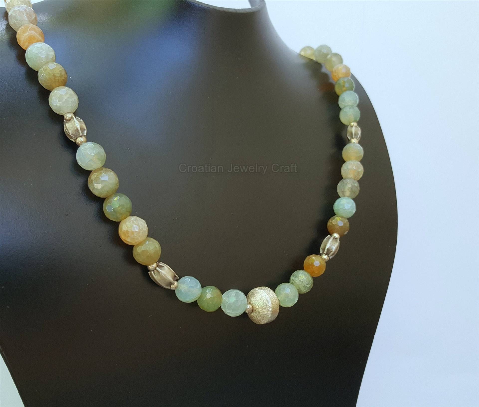 Facettierte Aqua Achat Halskette, Bunte Natürliche Edelstein Perlen Massives Sterling Silber Facettierte Aqua Achat Halskette, Bunte Natürliche Edelstein Perlen Massives Sterling Silber von CroatianJewelryShop