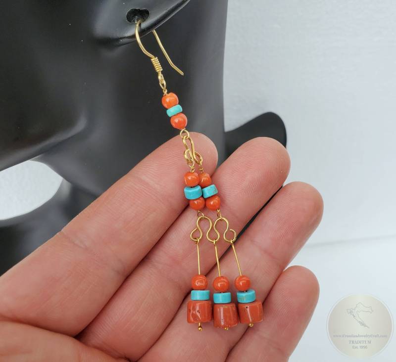 Türkis Und Koralle Ohrringe, Rote 14K Gold Unbehandelte Kostbare Mittelmeer von CroatianJewelryShop