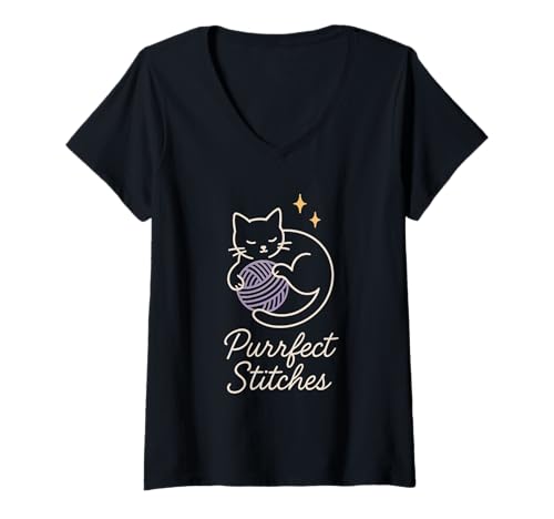 Damen Lustiges Häkelgarn mit Katzenmotiv, für Liebhaber von Witzen, Humor, handgefertigt T-Shirt mit V-Ausschnitt Damen Lustiges Häkelgarn mit Katzenmotiv, für Liebhaber von Witzen, Humor, handgefertigt T-Shirt mit V-Ausschnitt von Crochet Cat Mom Gift Yarn Lover Funny Crafting