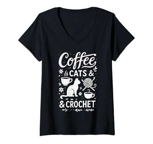 Damen Coffee Cats & Crochet Hobby Folk Art Garn T-Shirt mit V-Ausschnitt Damen Coffee Cats & Crochet Hobby Folk Art Garn T-Shirt mit V-Ausschnitt von Crochet Coffee & Cat Craft Merch