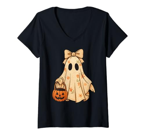 Damen Crochet Ghost Boho Floral Halloween Kürbis Herren Damen Kinder T-Shirt mit V-Ausschnitt von Crochet Ghost Boho Floral Halloween