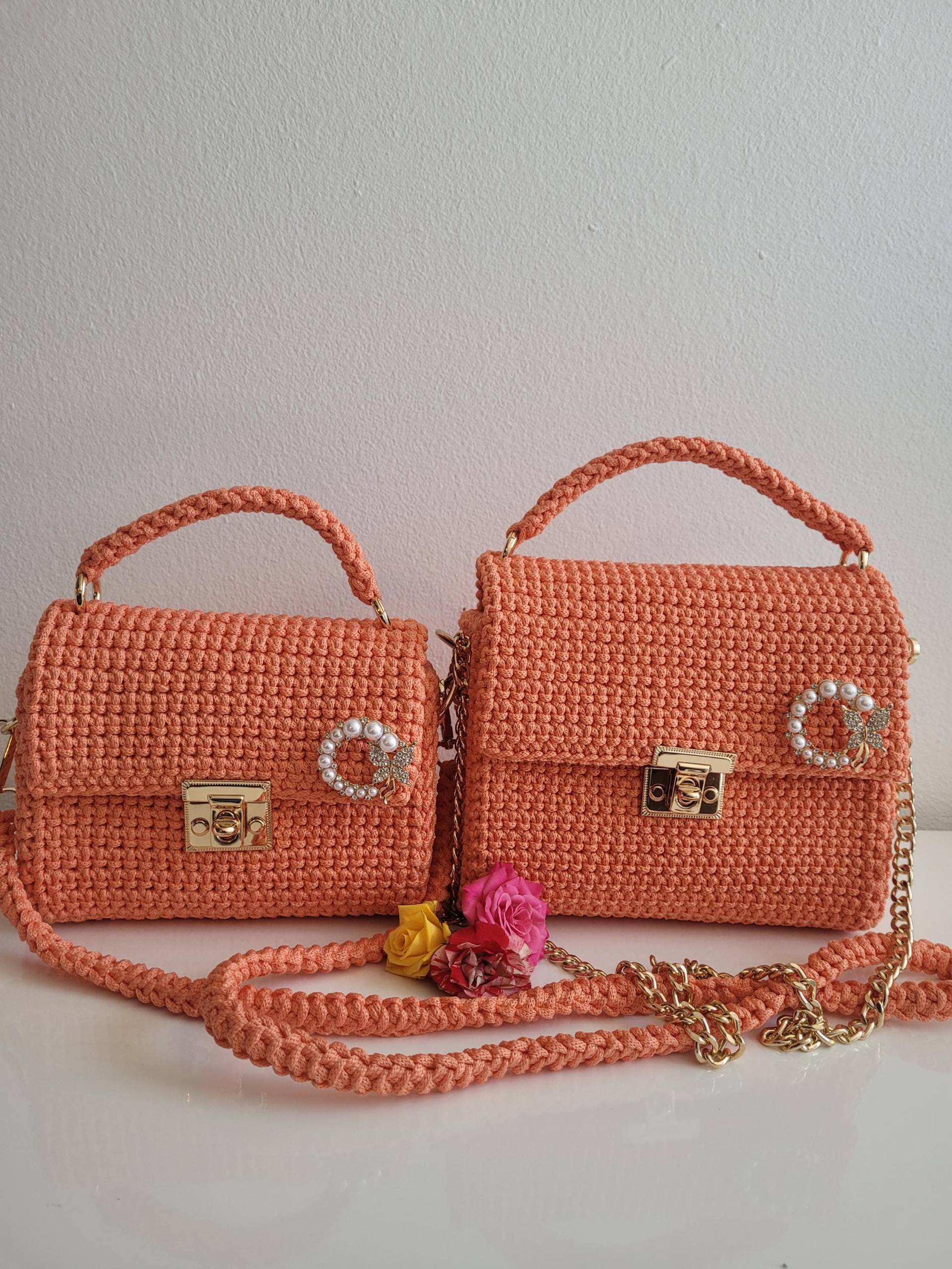 Handgemachtes Mutter-Tochter Taschen Set.gehäkelte Handtaschen.umhängetasche Mit Goldverschluss.geschenkidee Für Mama & Tochter.pfirsich von CrochetBagsAndreea