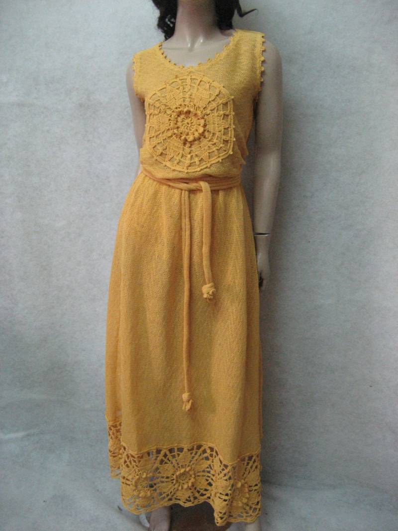 Boho Gelb Häkeln Kleid, Crocheted Leinen Tunika, Strickte Sonnenkleid, Lacy Gestrickte Kleid Gehäkelt Sonnenkleid von CrochetDressTalita