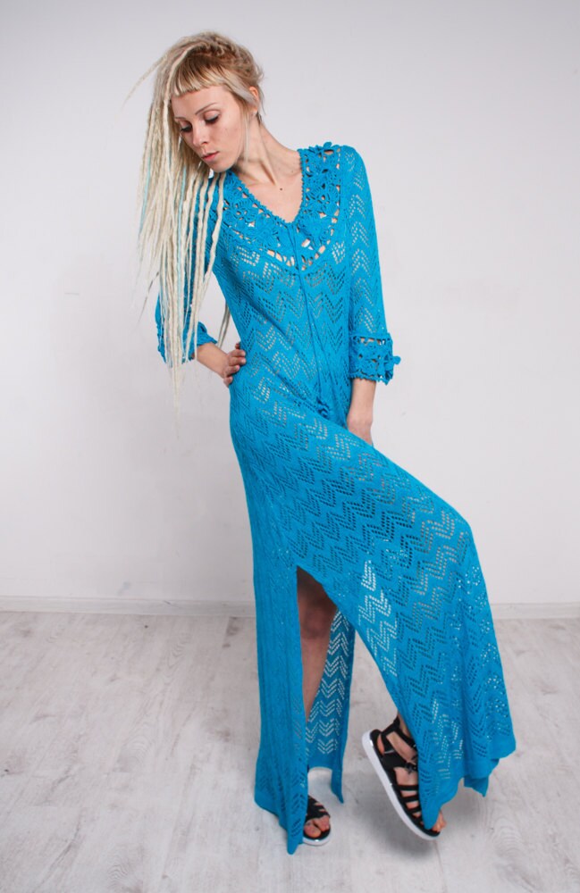 Enorme Crochet Kleid, Knitted Maxi Kleid Türkis, Lacy Strandkleid, Handmade Viskose Sommer Langes Kleid. Vintage Dress von CrochetDressTalita