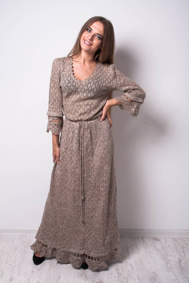 Gehäkelte Kleid Beige Unglaubliche Knitted Lacy Spitzenkleid Handmade Woll Trendy Openwork Lace Dress von CrochetDressTalita