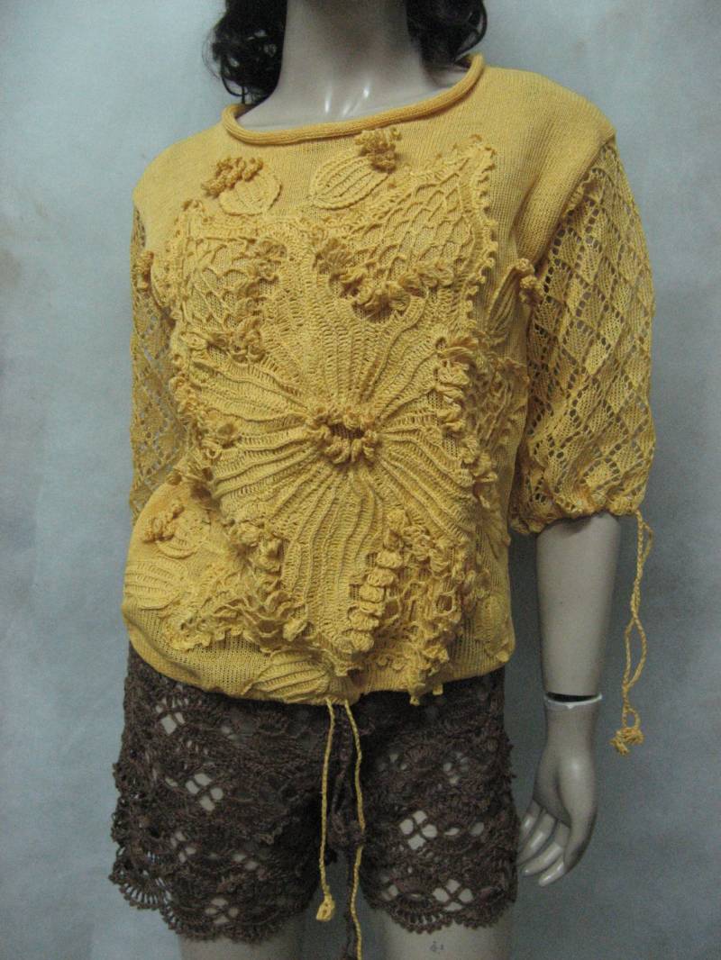 Gelbe Pullover Gestrickt Sonnenschein Sweater, Leinen Tunika Gehäkelt Stricken Bunt Gestrickte Tunika, Boho Gehäkelte Lacy von CrochetDressTalita