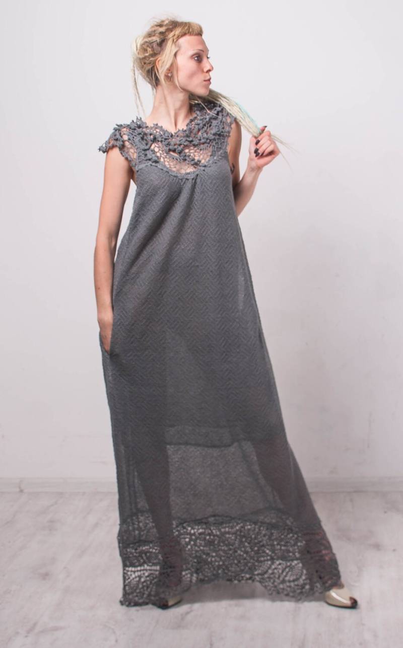 Häkelkleid Häkeln Grau Kleid Maxi Sommerkleid Grauen Lacy Grau Leinen Beachwear Boden Abendkleid von CrochetDressTalita