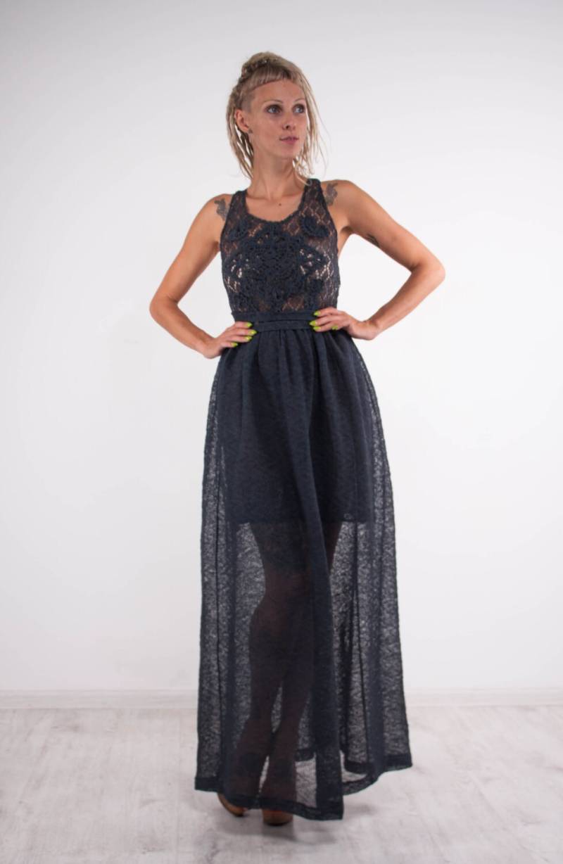 Häkelkleid Marine Stricken Maxi Kleid Openback Leinen Häkeln Blauen Abendkleid Strand Sommerkleid Boden von CrochetDressTalita