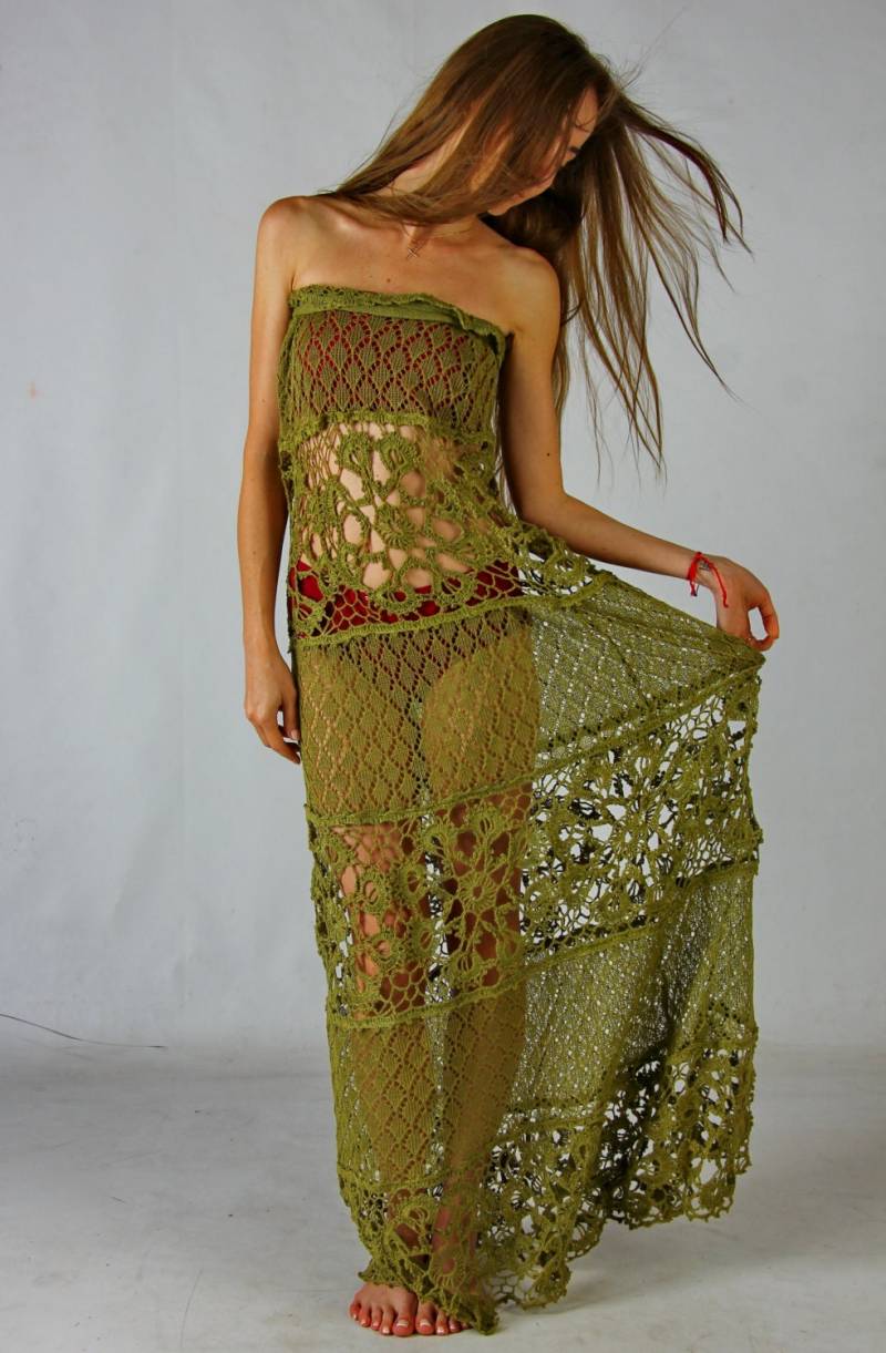 Häkeln Crochet Maxi Kleid Häkeln Grüne Spitzen Sommerkleid Handgefertigte Leinen Gestricken Beachwear Abend Grünen Gewand Zu Kleiden von CrochetDressTalita