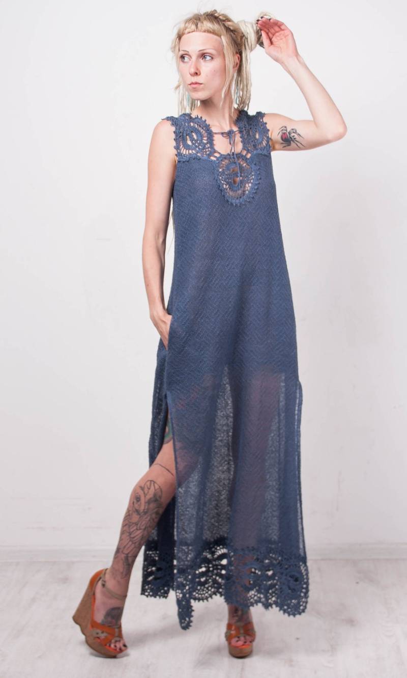 Häkeln Häkelkleid Marine Kleid Maxi Sommerkleid Häkeln Blue Lacy Blau Leinen Beachwear Boden Abendkleid von CrochetDressTalita