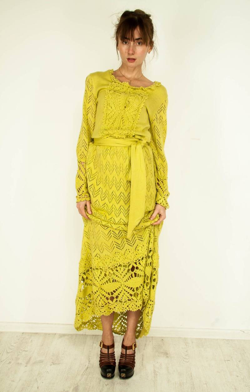 Häkeln Kleid Häkeln Maxi Spitze Hellgrün Stricken Alpaka Lange Ärmel Handgemachte Lacy Grün von CrochetDressTalita