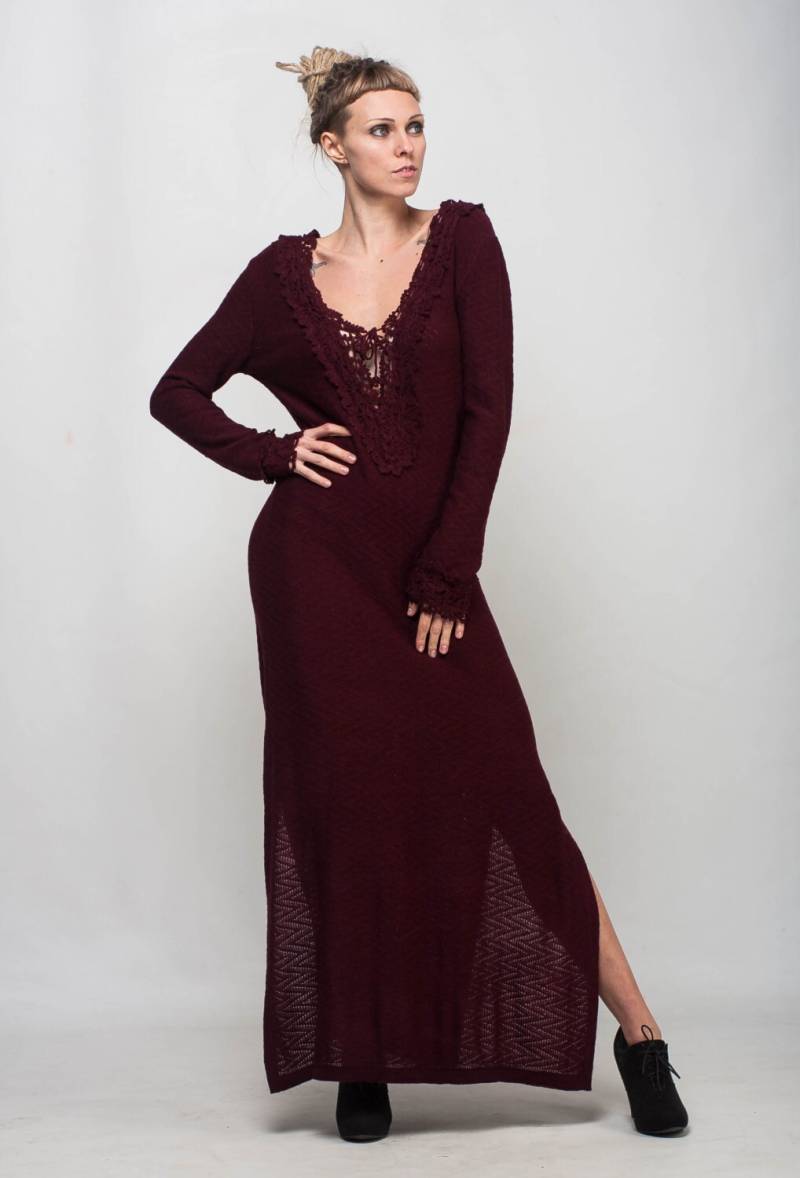 Häkeln Marsala Kleid Strick Maxi V-Ausschnitt Viskose Häkeln Bordeaux Abendkleid Formale Stock Burgund von CrochetDressTalita