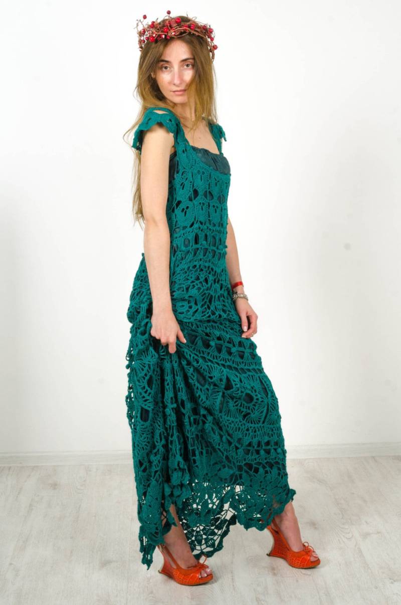 Häkeln Maxi-Kleid Handgemachte Häkeln Smaragd Lacy Sonnenkleid Baumwolle Kleid Gehäkelte Beachwear, Abend Grün Kleidungsstück von CrochetDressTalita