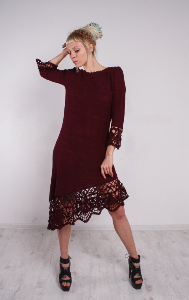 Häkeln Minikleid Knitted Lacy Kleid Häkeln Marsala Abendkleid Spitzen Handmade Viscose Asymmetrisch Bordeaux Openwork von CrochetDressTalita