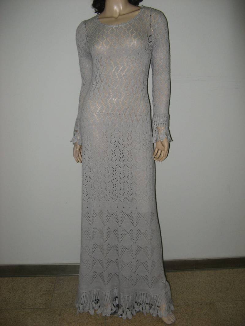 Hellgrau Gestrickt Maxi Alpaca Wolle Long Sleeves Gestricken Lange Kleid Handgemachte Spitzen von CrochetDressTalita