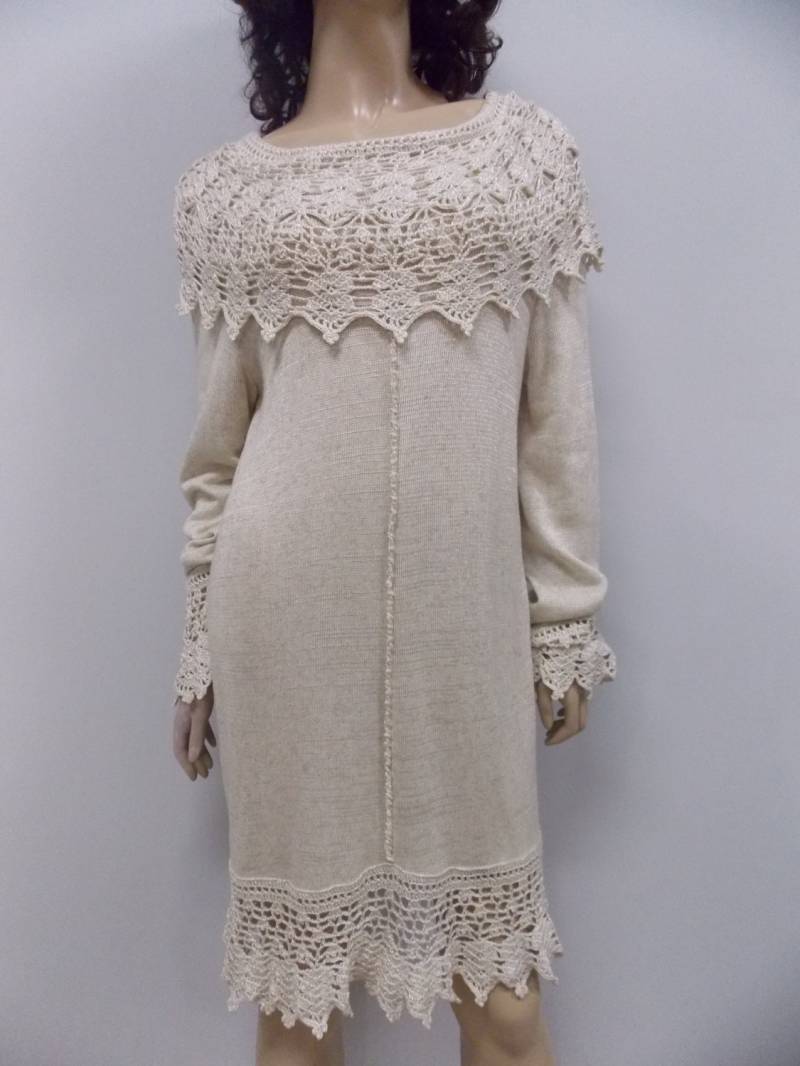 Kleid Häkeln Crochet Spitzen Tunika Gorgeous Knitted Spitzenkleid Elfenbein Linentunic Crocheted Lace Dress Handmade Dress von CrochetDressTalita