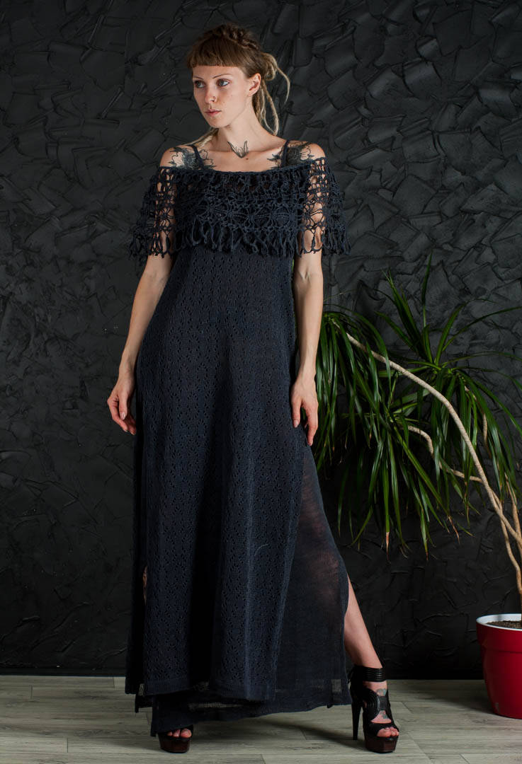 Marine Maxi-Kleid, Formale Häkelspitze Sommerkleid Brautjungfer Kleid Ärmelloses Locker Schlitze, Aus Schulter Party-Maxi-Kleid von CrochetDressTalita