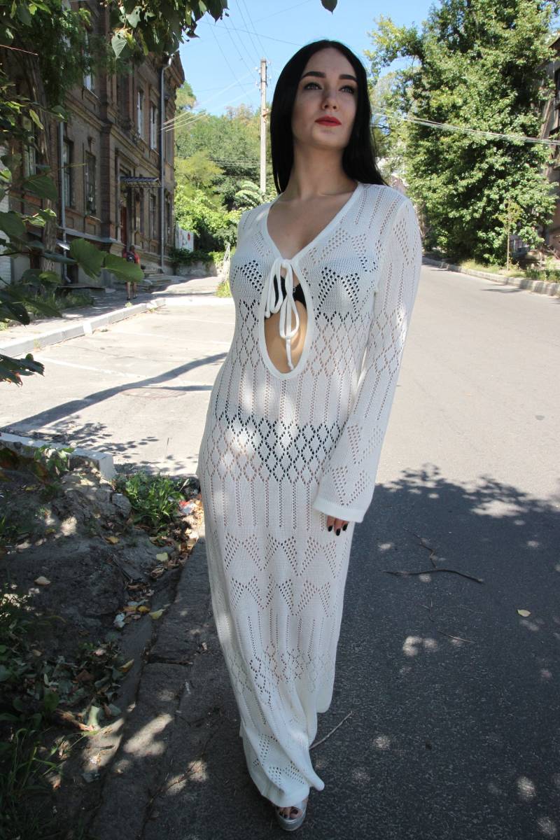 Maxi Häkeln Weißen Kleid Mantel Handmade Lange Häkeln Stricken Spitze Elfenbein Strick Langarm Boden von CrochetDressTalita