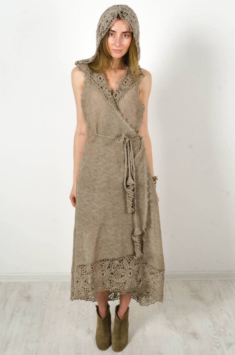 Maxi Kleid, Grau Leinen Hoodie Kleid Lange Biggin Cardigan Wraparound Häkeln Maxi-Kleid, Beach Crossover Tunika Gehäkelt von CrochetDressTalita