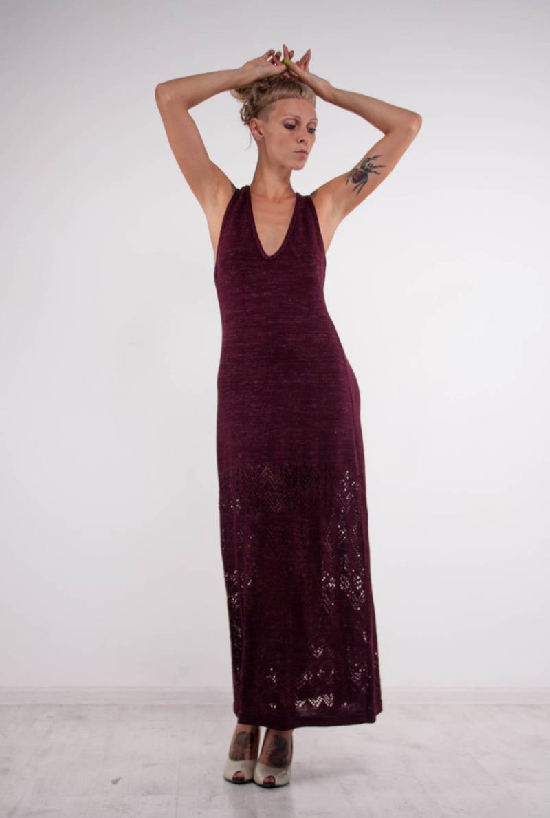 Maxi Sommerkleid Ärmelloses Cocktailkleid Bordeaux Boden Kleid Viskose Lange Lurex Sommer Marsala Racerback Beachwear Häkelkleid von CrochetDressTalita