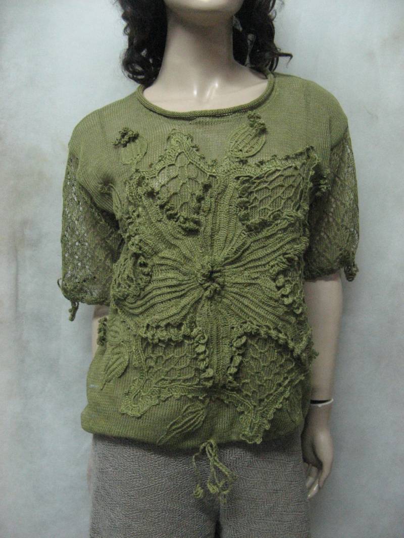 Pea-Sweater, Grünen Pullover Gestrickt Leinen Tunika Gehäkelt Stricken Bunt Gestrickte Tunika, Boho Gehäkelte Lacy von CrochetDressTalita