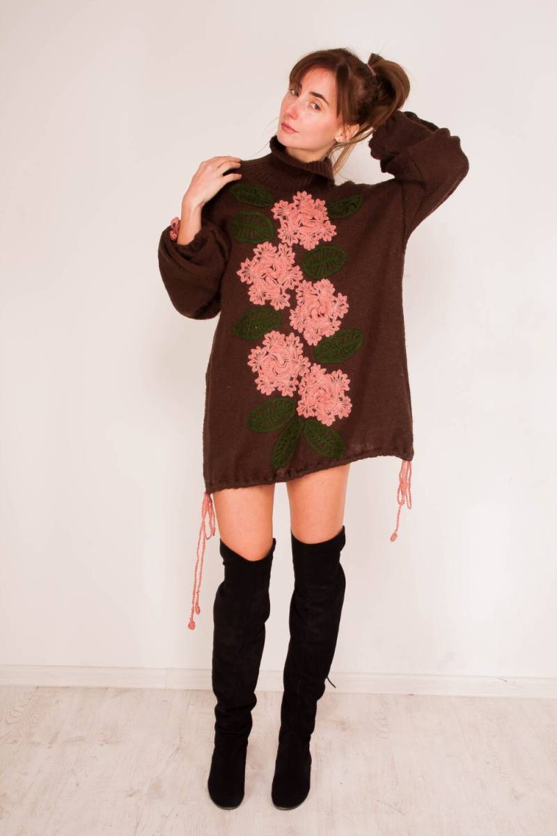 Übergröße Häkeln Tunika Braun Übergroße Pullover Stricken Mohair Handmade Lose Gehäkeltes Floral Winter von CrochetDressTalita