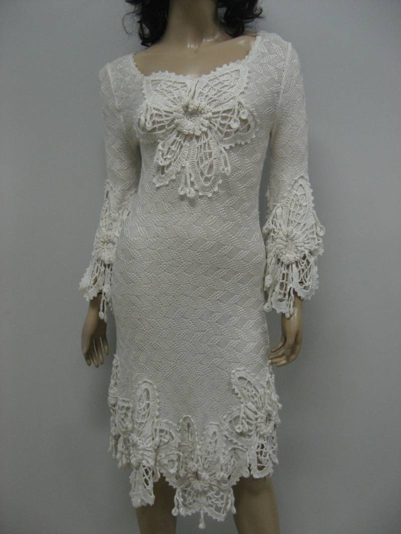 Wunderschönes Gestricktes Elfenbeinfarbenes Sommerkleid, Weißes Gehäkeltes Brautkleid Aus Viskose, Handgefertigtes Unikat-Kleid von CrochetDressTalita