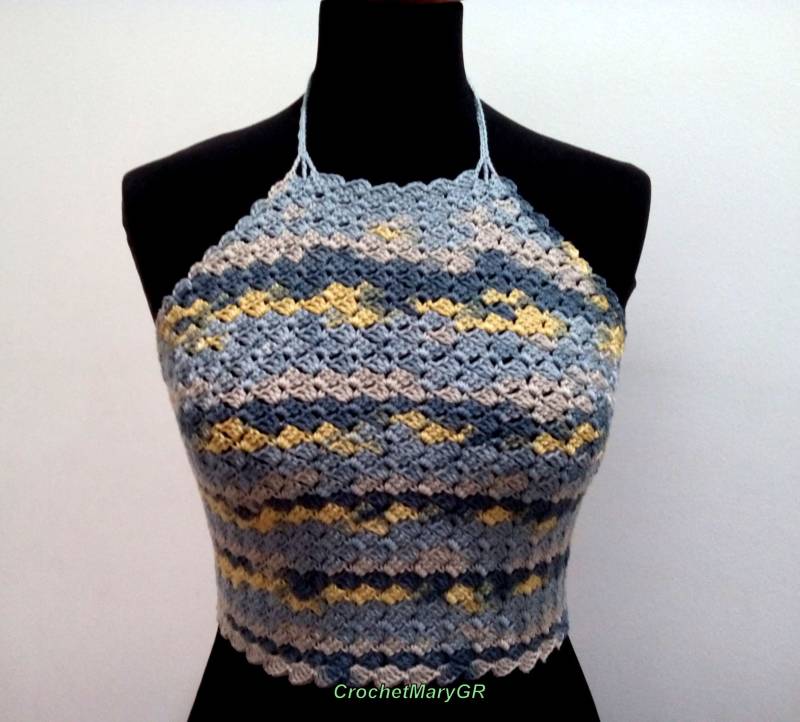 Häkel Top Boho Strick Bh - Grau Blau & Gelb von CrochetMaryGRKnits