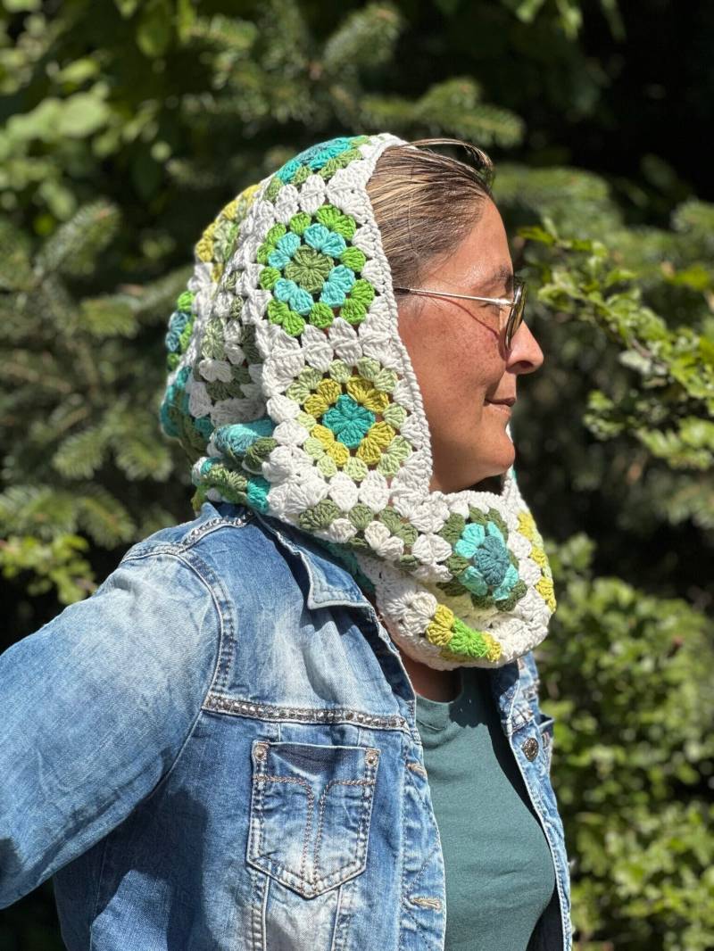 Gehäkelte Cremefarbene Oversize Balaclava, Oma Quadrat Grüne Regenbogen Gehäkelte Balaclava Hut, Gestrickte von CrochetNurs