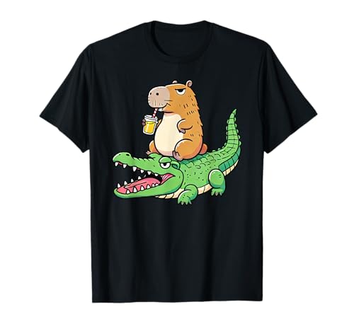 Crocodile Capybara byAxisone Lustiges Capybara Krokodil Alligator Saft Unisex-Kinder Kinder T-Shirt Schwarz Kurzarm Rundhals-Ausschnitt Kleidergröße 36 EU Winter Pull-On 1 Count von Crocodile Capybara byAxisone