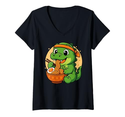 Damen Kawaii Crocodile Eating Ramen-Grafik Japanisches Krokodil T-Shirt mit V-Ausschnitt Damen Kawaii Crocodile Eating Ramen-Grafik Japanisches Krokodil T-Shirt mit V-Ausschnitt von Crocodile Eating Ramen Funny Japanese Kawaii
