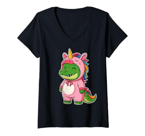 Damen Kawaii Krokodil im Einhorn Kostüm für Mädchen Kinder Einhorn T-Shirt mit V-Ausschnitt Damen Kawaii Krokodil im Einhorn Kostüm für Mädchen Kinder Einhorn T-Shirt mit V-Ausschnitt von Crocodile In Unicorn Costume Kawaii Design