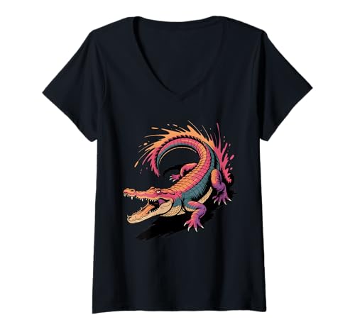 Damen Farbenfrohes Krokodil-Poster Stil Farbspritzer Kunst Grafik T-Shirt mit V-Ausschnitt Damen Farbenfrohes Krokodil-Poster Stil Farbspritzer Kunst Grafik T-Shirt mit V-Ausschnitt von Crocodile Lover Apparel & Arts