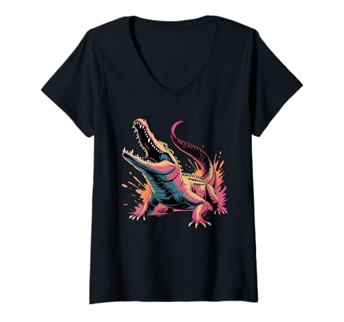 Damen Krokodil-Farbspritzer, Poster-Stil, Bunte Kunstgrafik T-Shirt mit V-Ausschnitt Damen Krokodil-Farbspritzer, Poster-Stil, Bunte Kunstgrafik T-Shirt mit V-Ausschnitt von Crocodile Lover Apparel & Arts