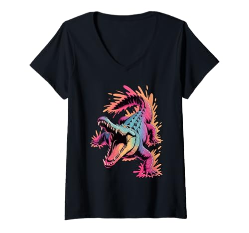 Damen Krokodil-Poster-Stil, Bunte Farbspritzer, Kunstgrafik T-Shirt mit V-Ausschnitt von Crocodile Lover Apparel & Arts
