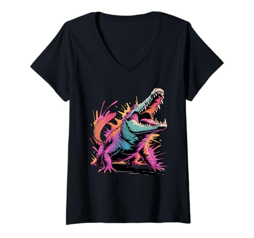 Damen Krokodil-Poster-Stil, Bunte Farbspritzer, Kunstgrafik T-Shirt mit V-Ausschnitt von Crocodile Lover Apparel & Arts