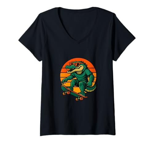Damen Lustiges Krokodil-Skateboarding Retro Humor T-Shirt mit V-Ausschnitt Damen Lustiges Krokodil-Skateboarding Retro Humor T-Shirt mit V-Ausschnitt von Crocodile Skateboarding Retro Humor Apparel